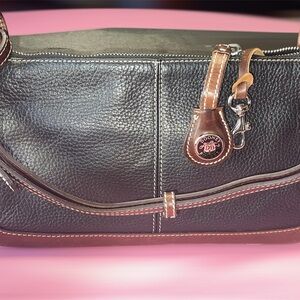 Dooney & Bourke Black Pebbled Leather Shoulder Bag with Brown Trim